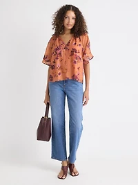 Blouse à Manches Courtes Volants et Col V