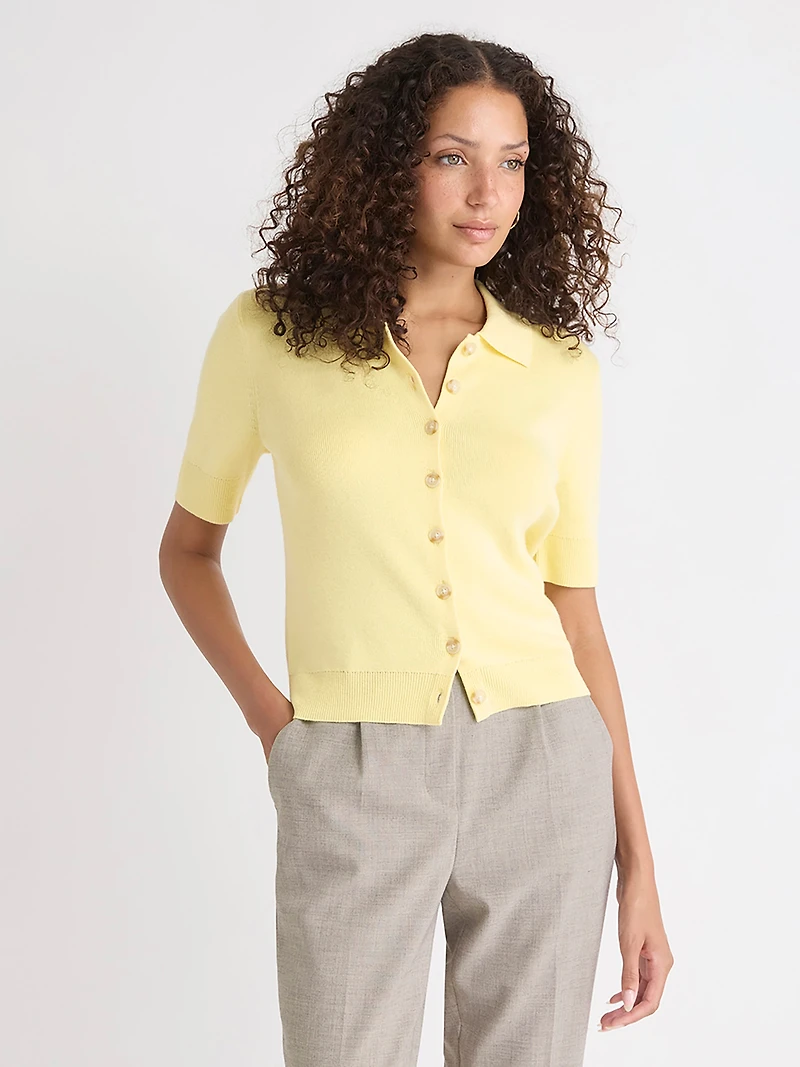 Short Elbow-Sleeve Cardigan with Shirt Collar