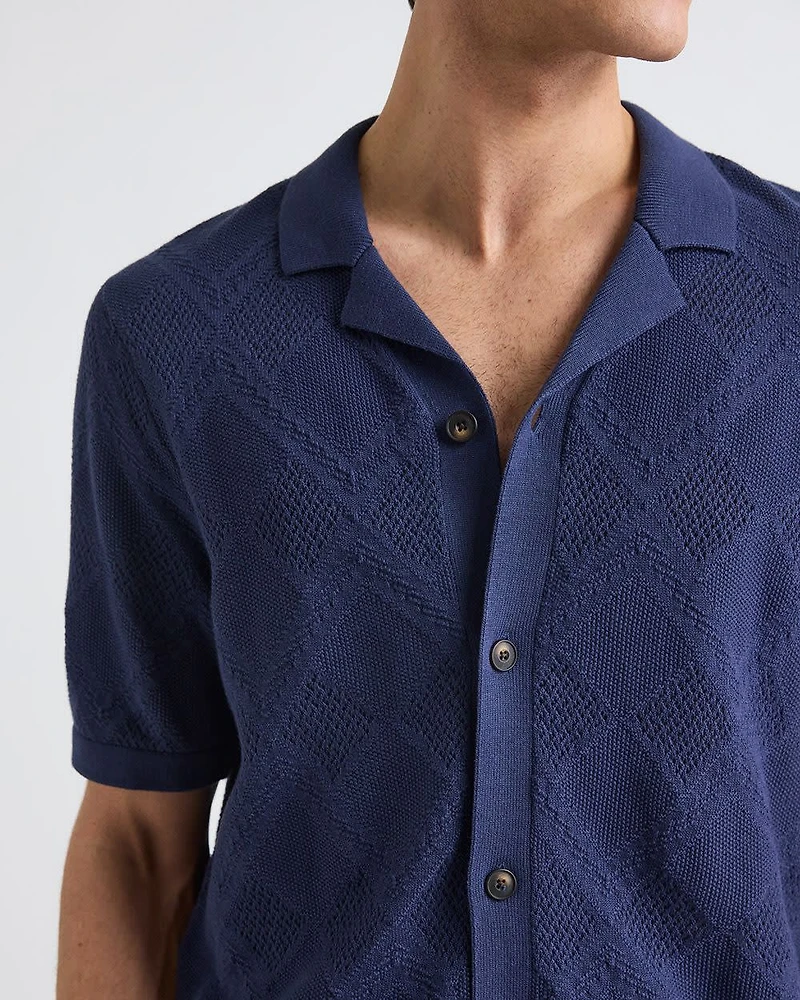 Short-Sleeve Buttoned-Down Argyle Sweater with Camp Collar