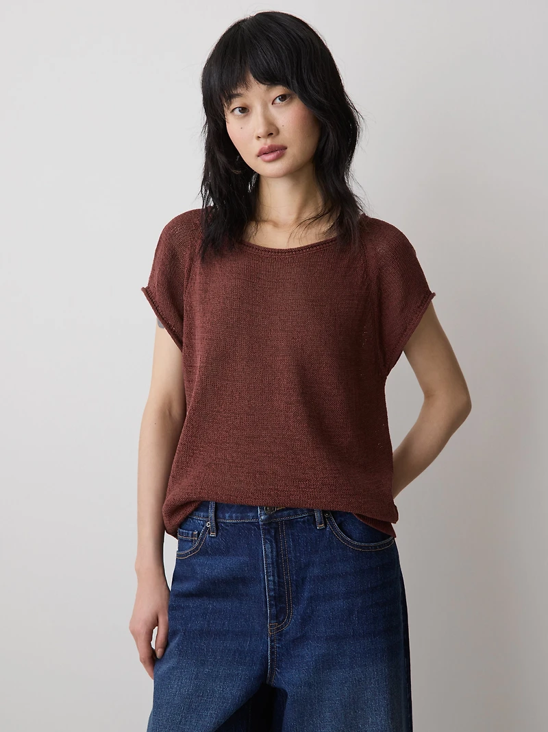 Cap-Sleeve Tape-Yarn Sweater