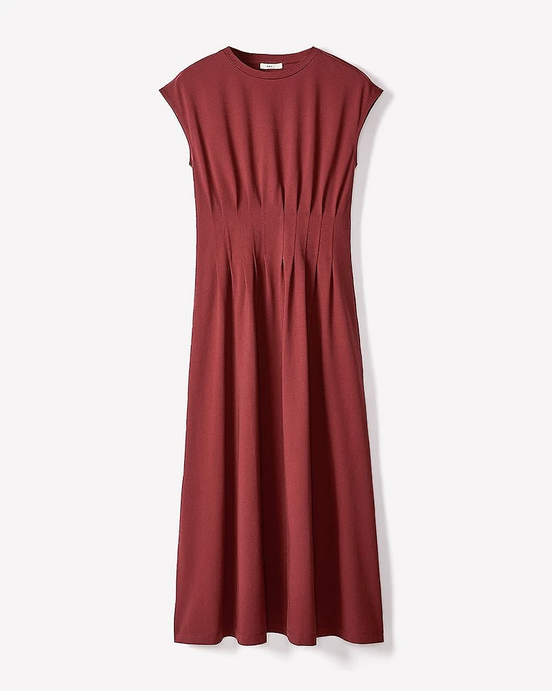 Extended-Sleeve Crew-Neck Midi Dress with Pintucks