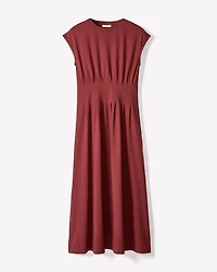 Extended-Sleeve Crew-Neck Midi Dress with Pintucks