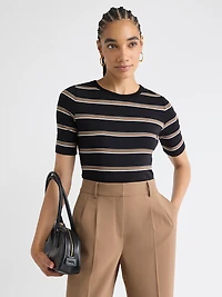 Striped Elbow-Sleeve Crew-Neck Fitted Tee