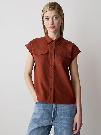 Blouse en Mélange de Lin à Manches Très Courtes et Col Chemisier