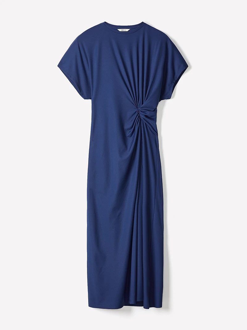 Short-Sleeve Crew-Neck Midi Dress with Draped Detail