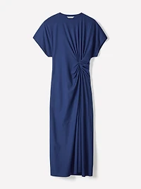 Short-Sleeve Crew-Neck Midi Dress with Draped Detail