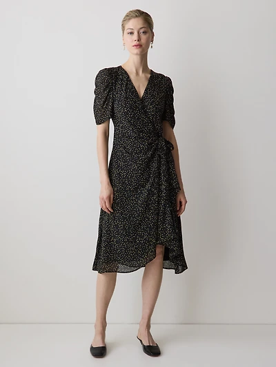 Short-Sleeve Chiffon Midi Dress with Lace Trim