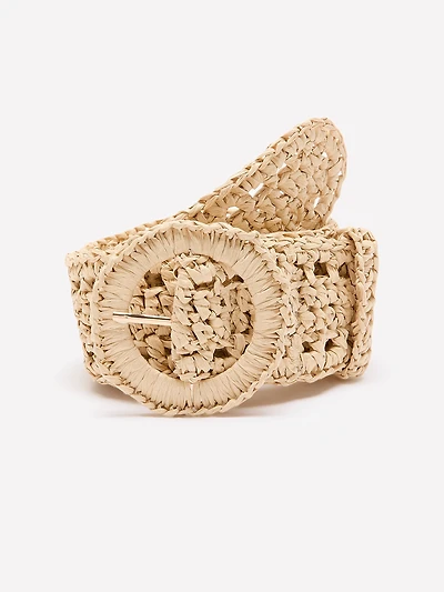 Non-Stretch Raffia Belt with Round Buckle