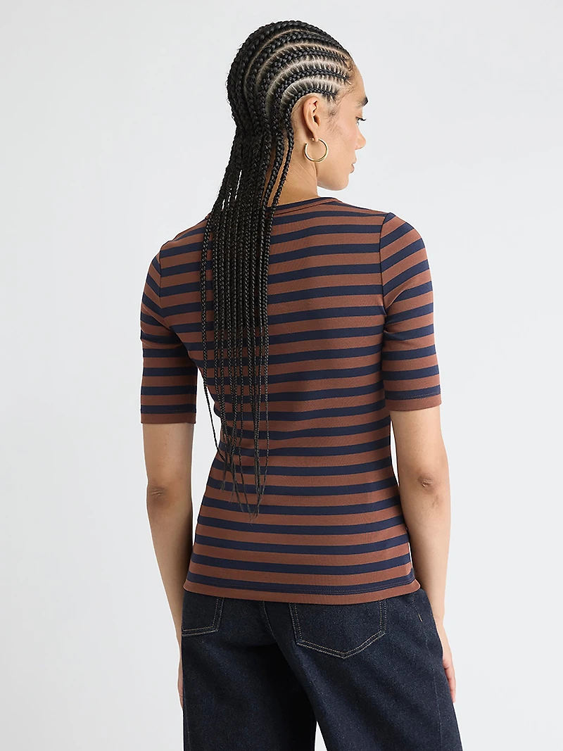 Striped Elbow-Sleeve Crew-Neck Fitted Tee