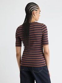 Striped Elbow-Sleeve Crew-Neck Fitted Tee