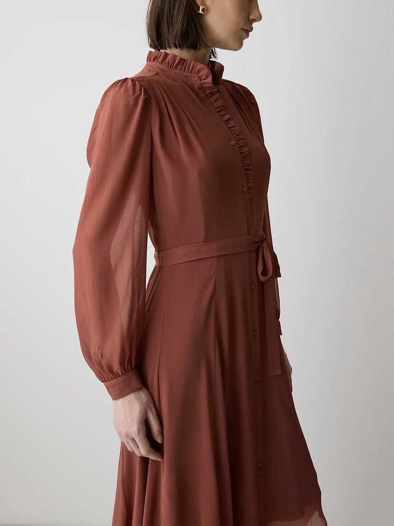 Robe Midi Boutonnée à Manches Longues et Col Montant
