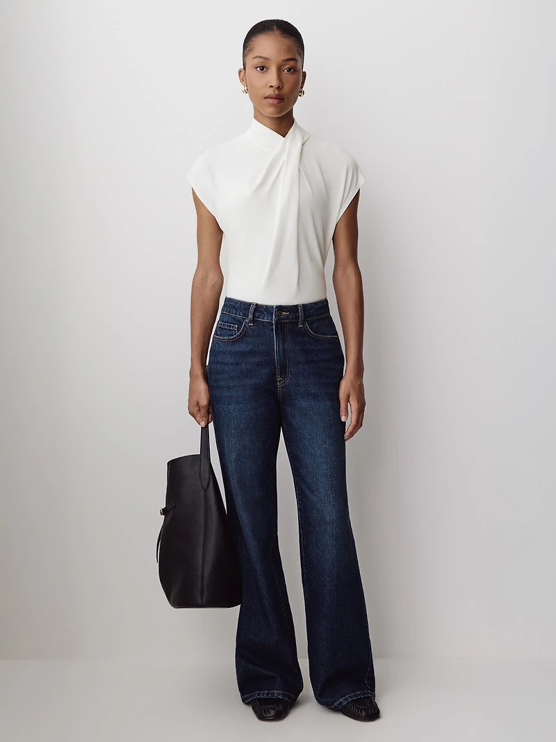 Extended-Sleeve Top with Crossover Draped Mock Neckline