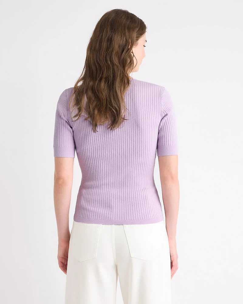 Split-Neck Elbow-Sleeve Ribbed Sweater