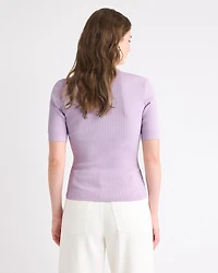 Split-Neck Elbow-Sleeve Ribbed Sweater