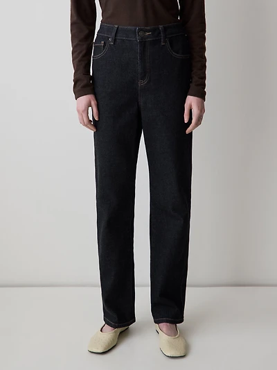 Jeans à Délavé Foncé Taille Haute et Jambe Droite