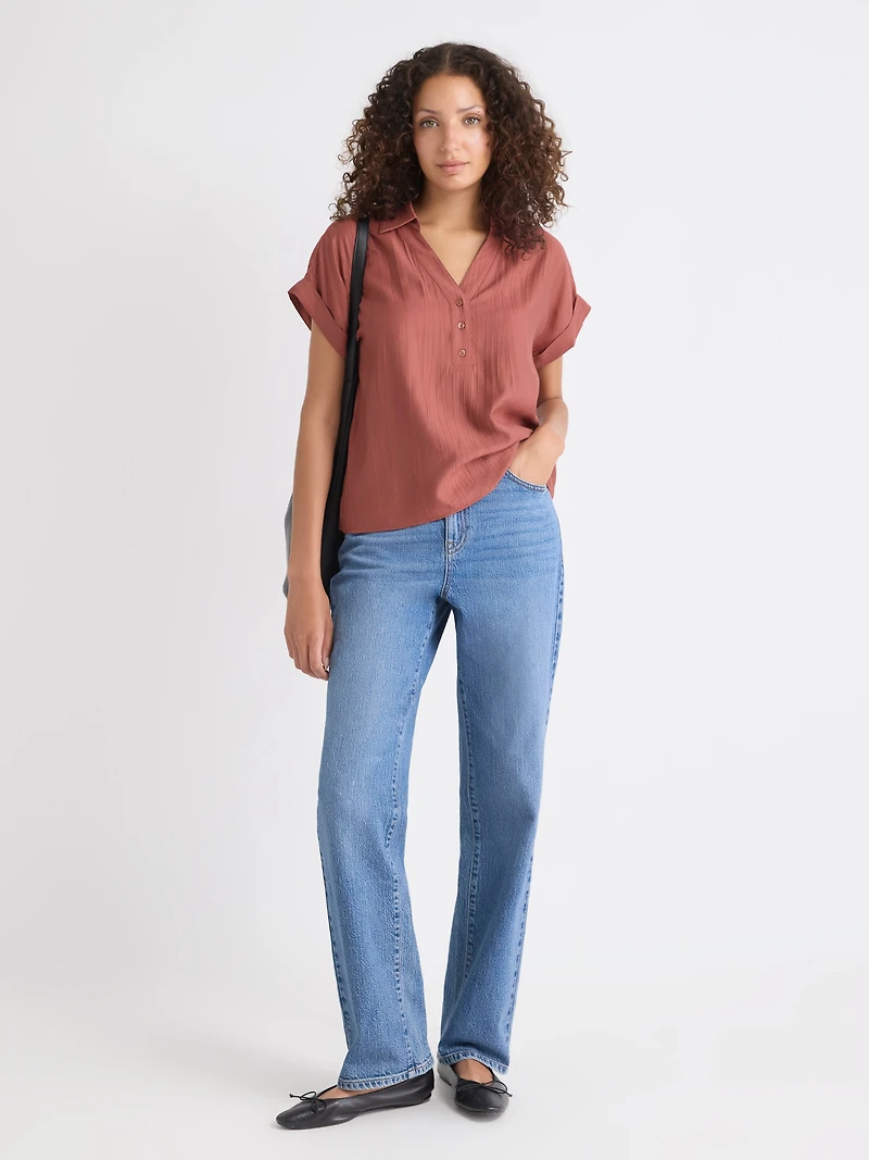 Blouse Boutonnée Texturée à Manches Très Courtes