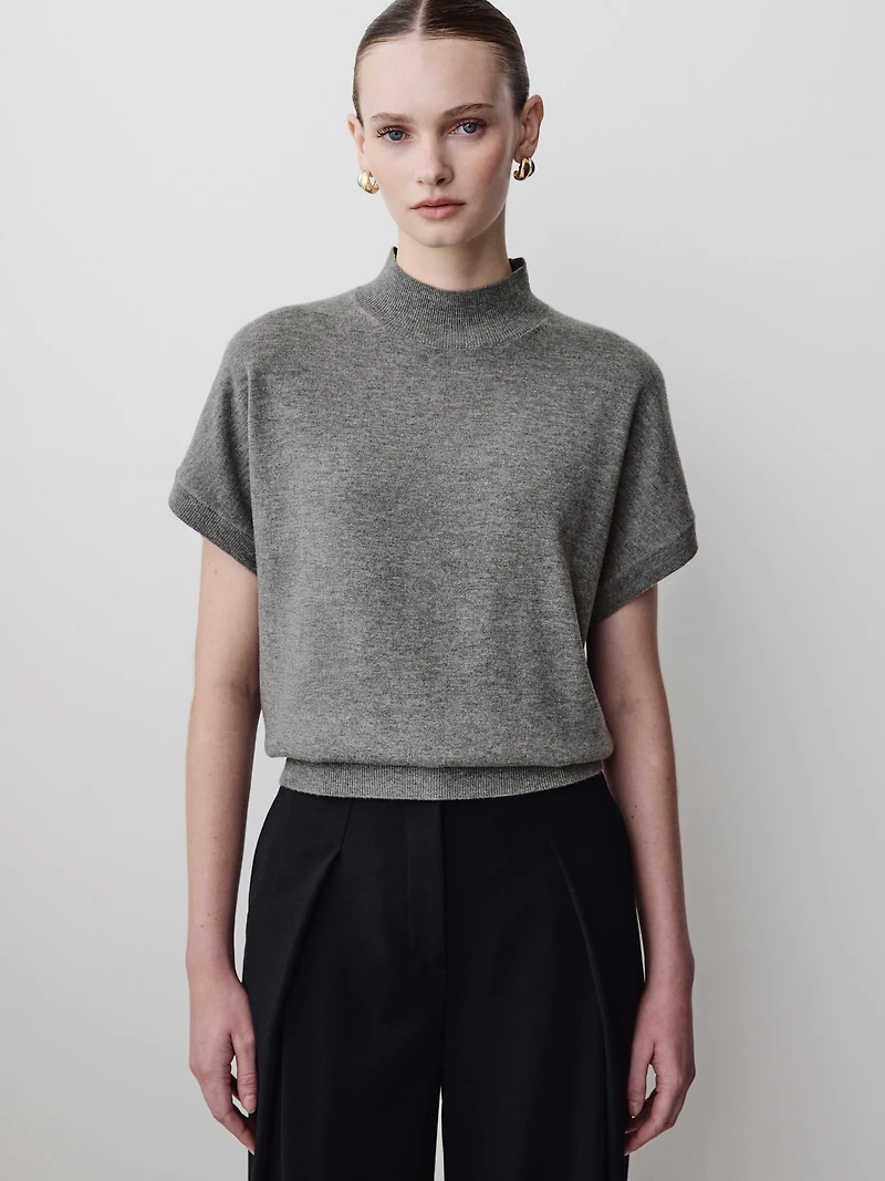 Short-Sleeve Mock-Neck Merino-Wool Sweater