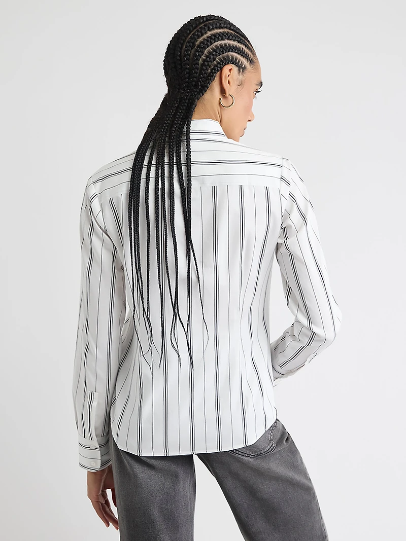 Blouse Boutonnée en Popeline Rayée à Manches Longues