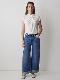 Extended-Sleeve Top with Crossover Draped Mock Neckline