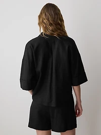 Blouse en Mélange de Lin à Manches Courtes et Col Chemisier