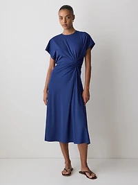 Short-Sleeve Crew-Neck Midi Dress with Draped Detail