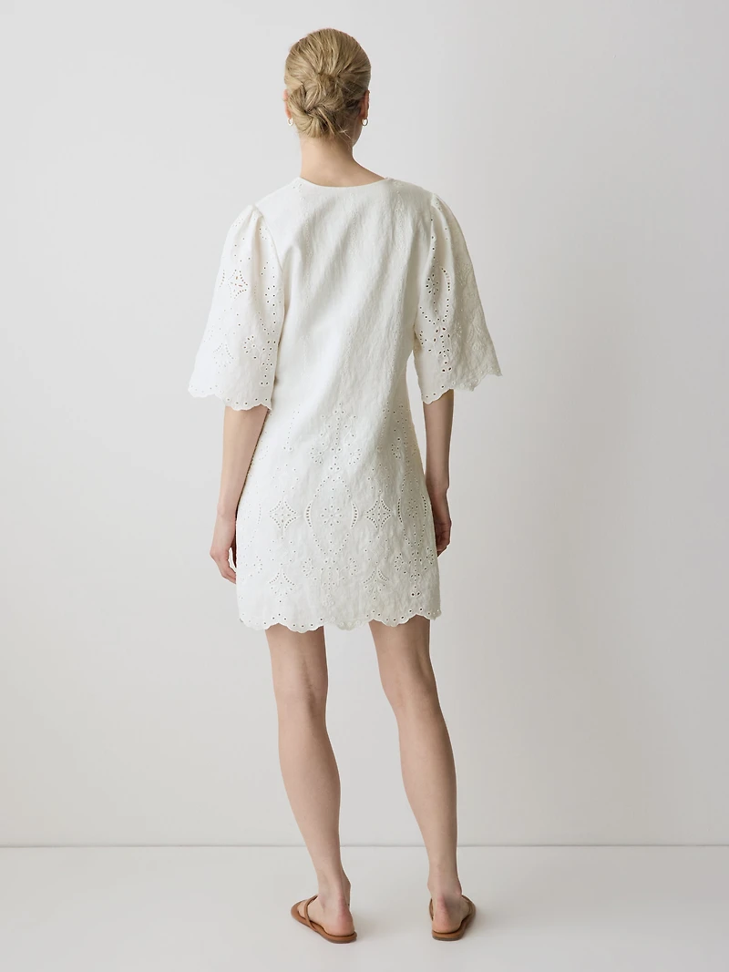 Split-Neck Flare Mini Dress with Embroideries