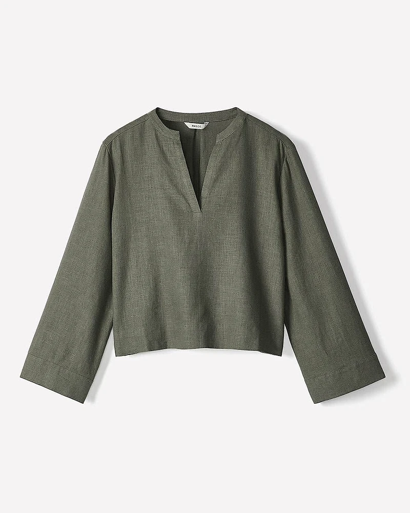 Linen Long-Sleeve Popover Blouse