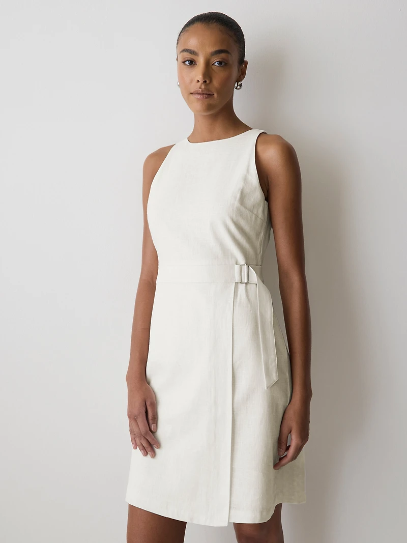 Robe Courte Sans Manches à Col Bateau en Mélange de Lin