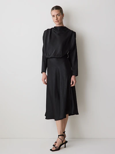 Satin Long-Sleeve Crew-Neck Midi Dress