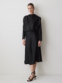 Satin Long-Sleeve Crew-Neck Midi Dress
