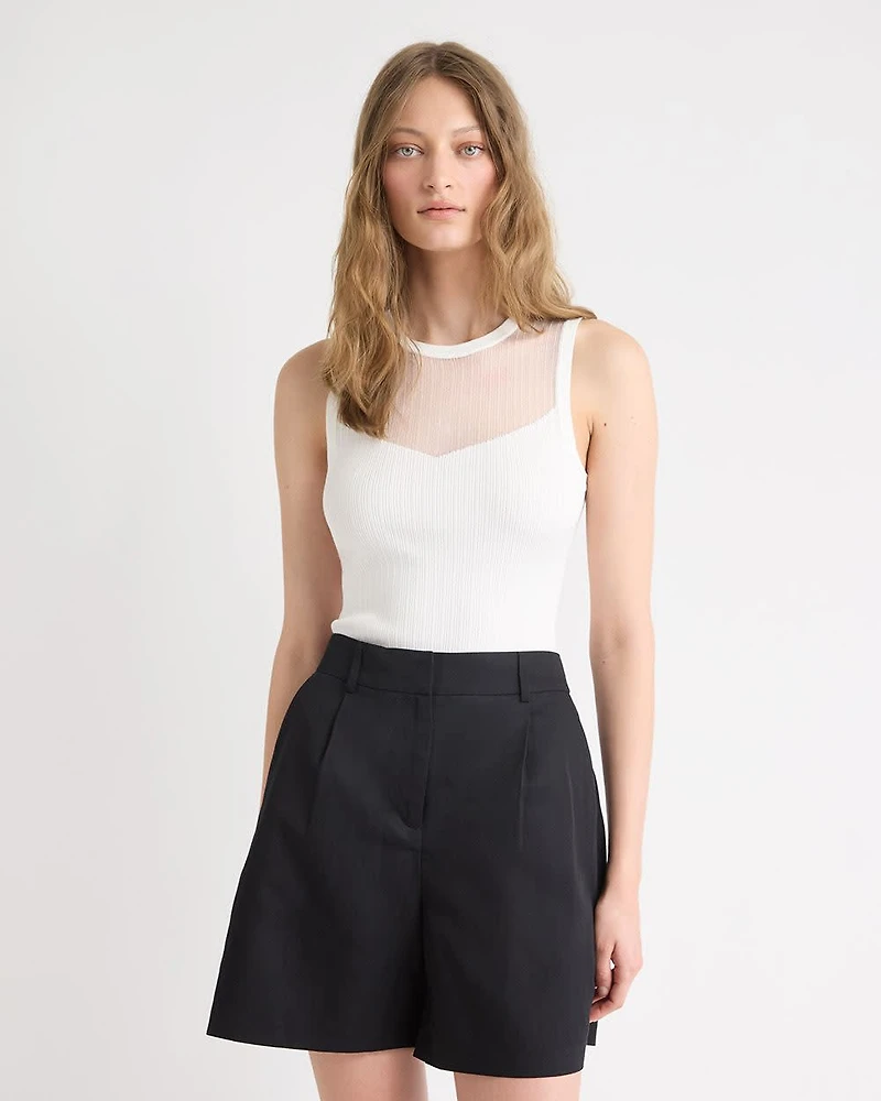 Crew-Neck Ribbed Cami with Sheer Yoke
