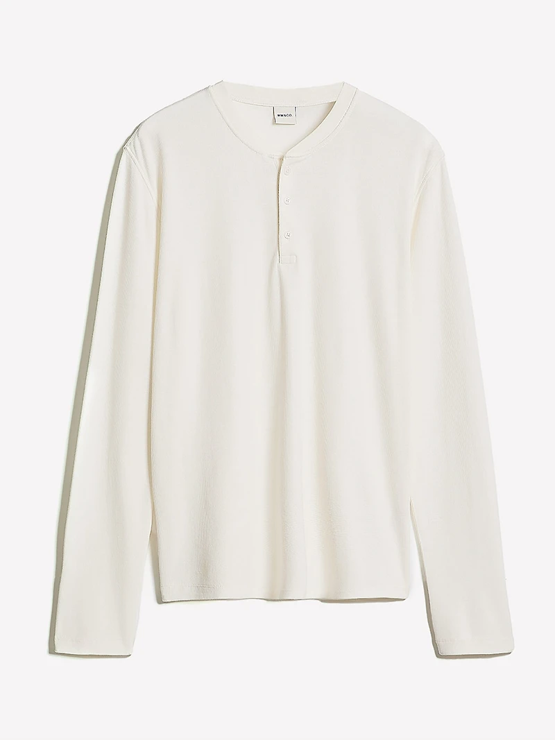 T-shirt Gaufré à Manches Longues et Col Henley