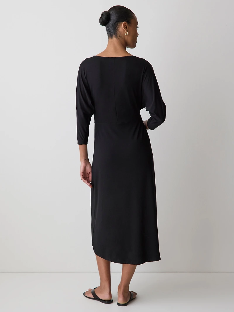 3/4-Sleeve Cowl-Neck Dress with Shirred Waist