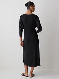 3/4-Sleeve Cowl-Neck Dress with Shirred Waist