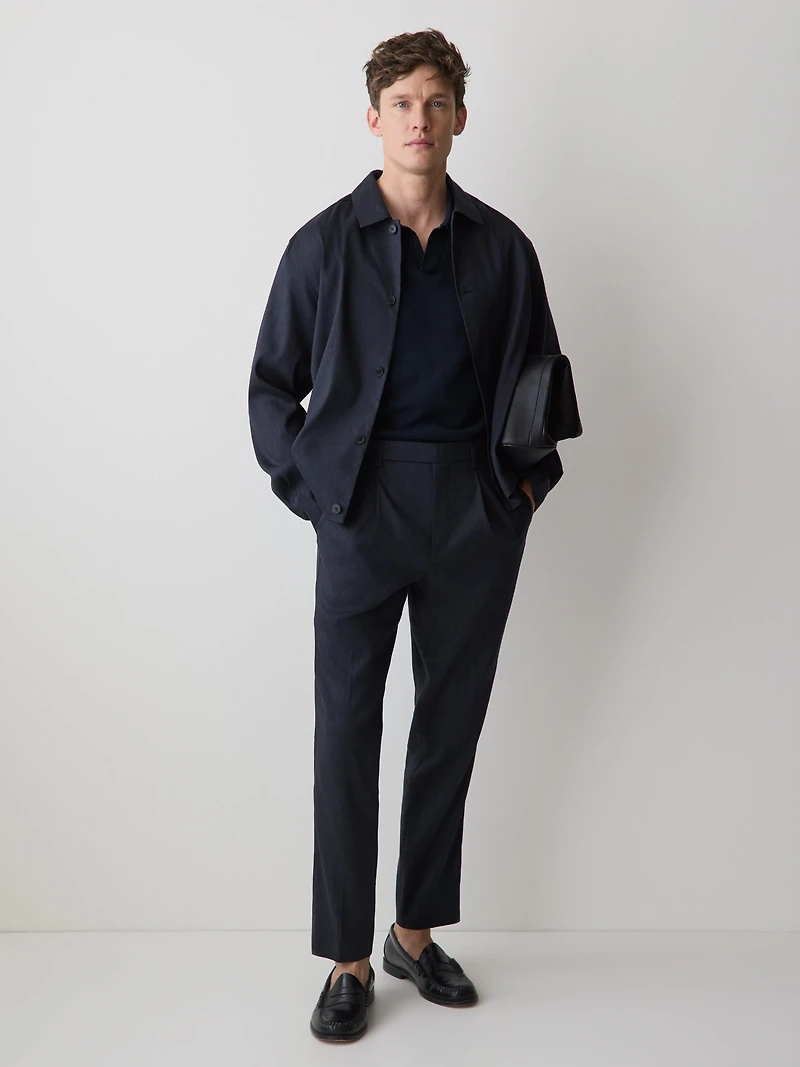 Linen-Blend Tapered-Leg Pleated Pant