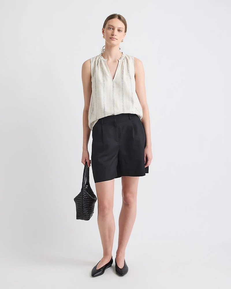 Striped Sleeveless V-Neck Linen-Blend Blouse