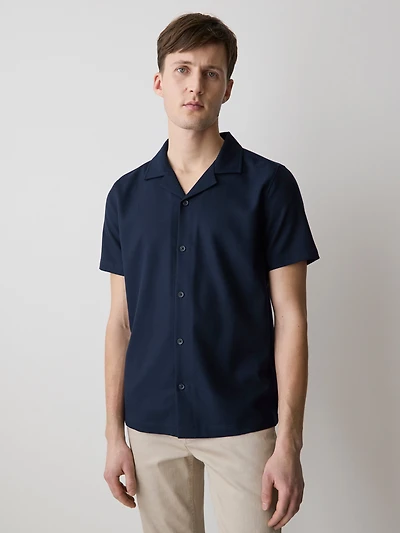 Short-Sleeve Herringbone Shirt with Camp Collar