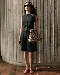 Bermuda en Mélange de Lin à Taille Haute