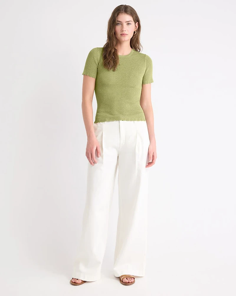 Short-Sleeve Crew-Neck Textured-Knit Sweater