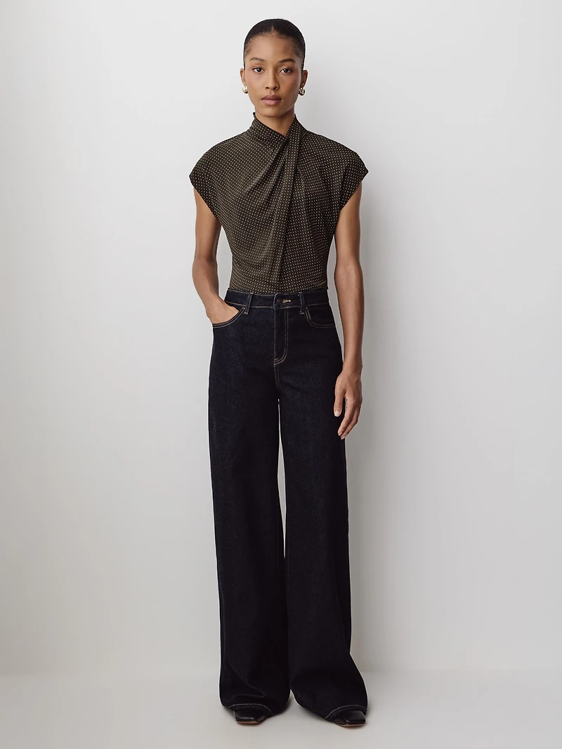 Extended-Sleeve Top with Crossover Draped Mock Neckline