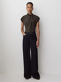 Extended-Sleeve Top with Crossover Draped Mock Neckline