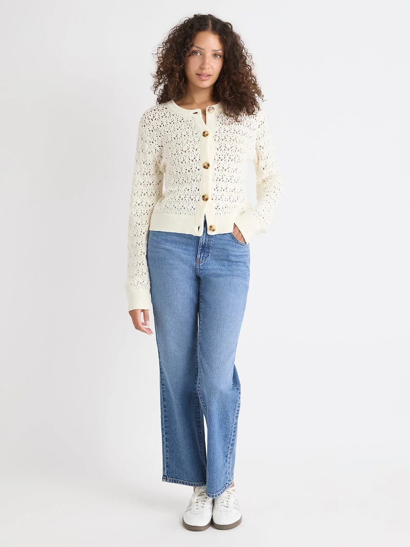 Long-Sleeve Short Cardigan with Fancy Stitches