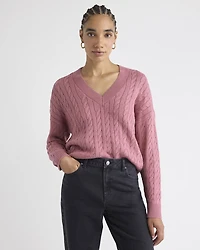 Long-Sleeve V-Neck Cable-Stitch Merino-Blend Sweater