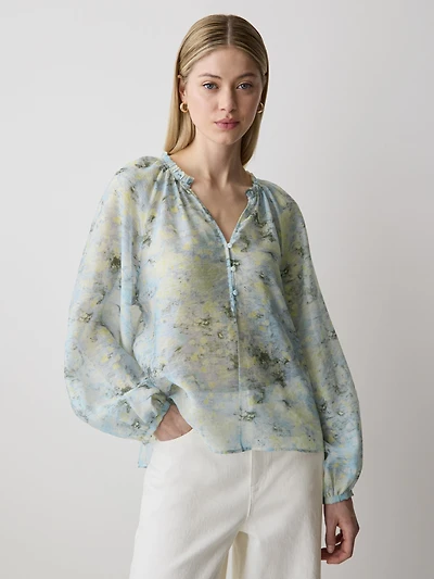 Long-Sleeve Voile Popover Blouse