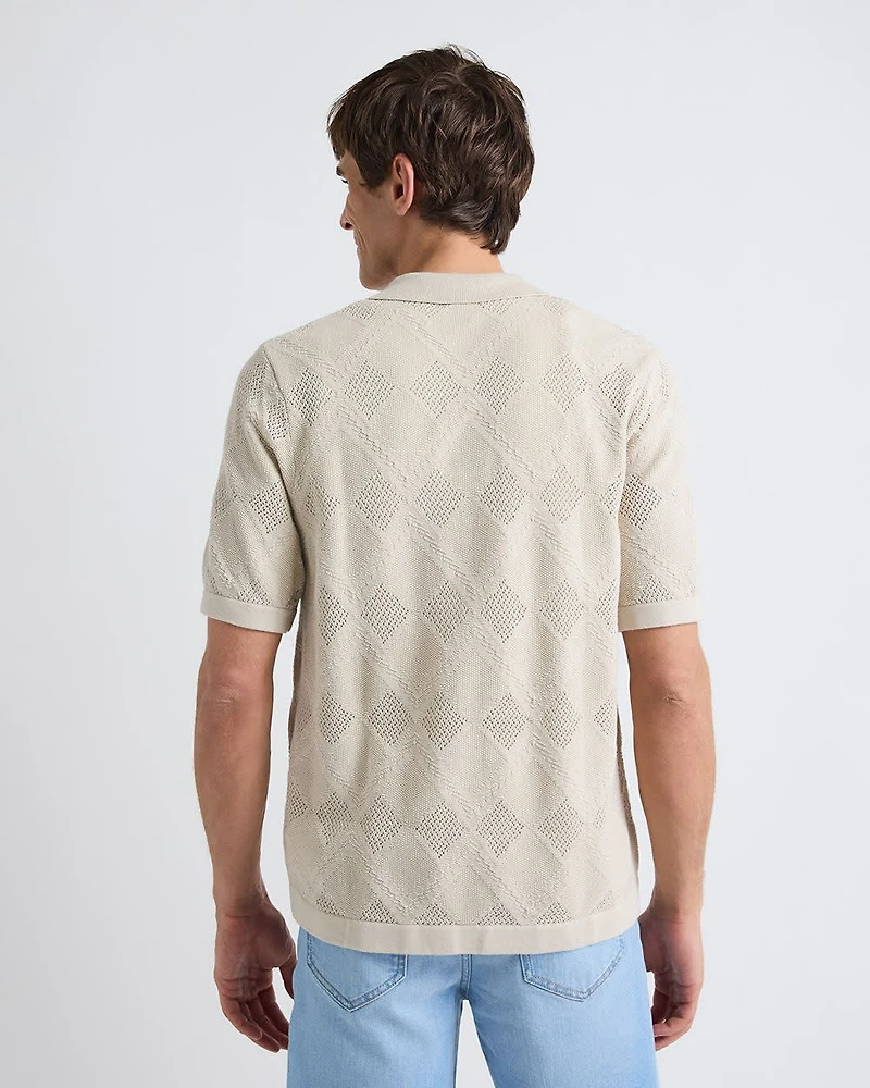 Short-Sleeve Buttoned-Down Argyle Sweater with Camp Collar