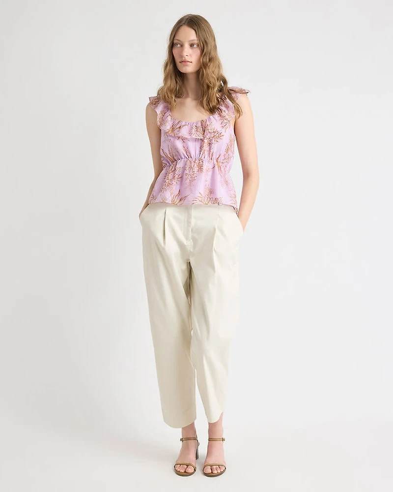 Sleeveless U-Neck Empire-Cut Blouse with Ruffles