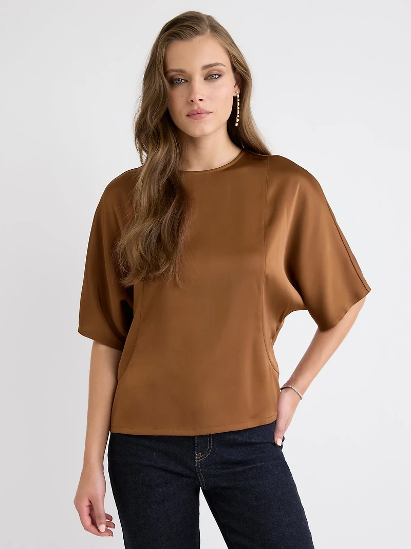 Long-Sleeve Crew-Neck Satin Blouse