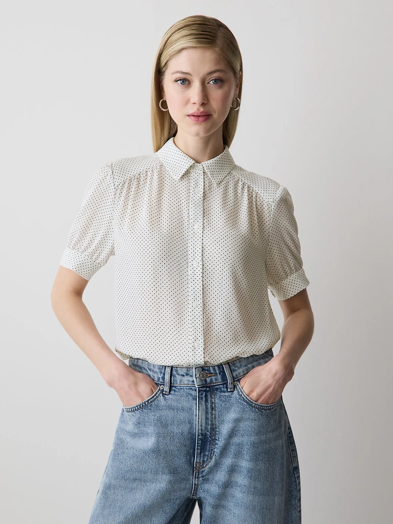 Blouse Boutonnée en Crêpe Soyeux à Manches Courtes