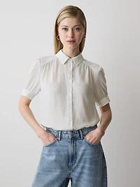 Blouse Boutonnée en Crêpe Soyeux à Manches Courtes