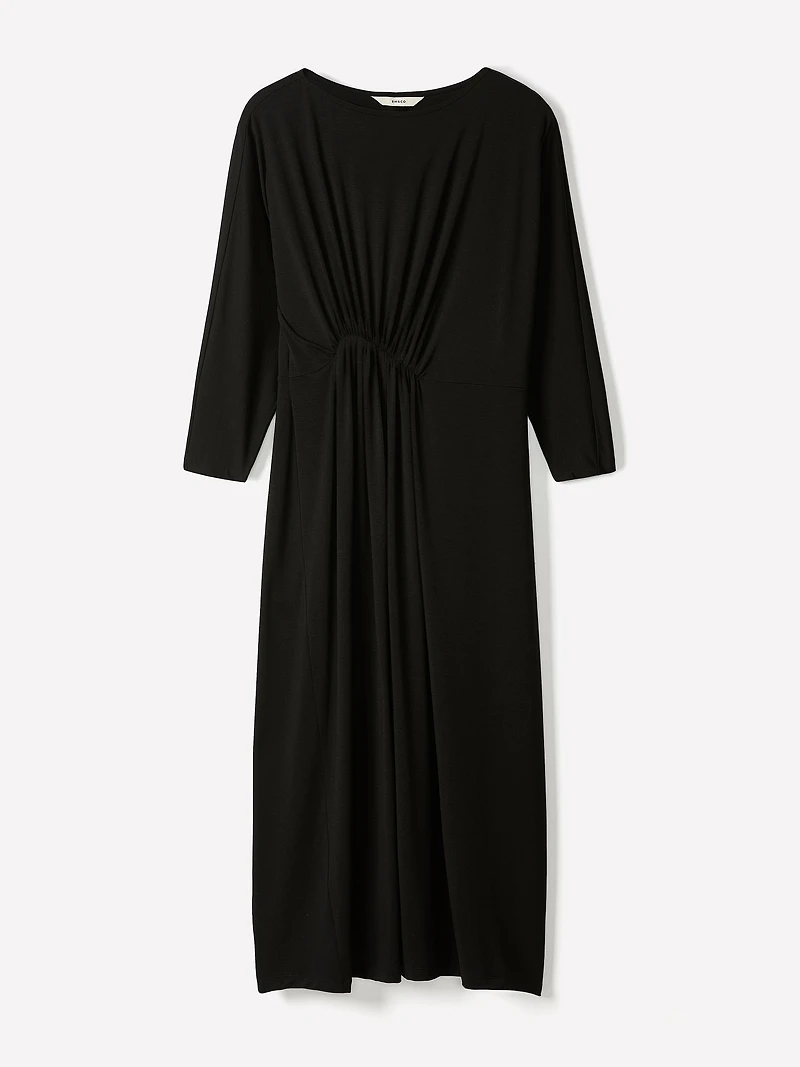 3/4-Sleeve Cowl-Neck Dress with Shirred Waist